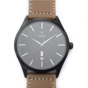 FUZUKA BRUSHED BLACK GUN METAL TAN LEATHER WATCH
